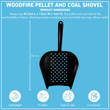 Load image into Gallery viewer, 𝗘𝗡𝗔𝗠𝗘𝗟𝗟𝗘𝗗 𝗦𝗧𝗘𝗘𝗟 𝗪𝗢𝗢𝗗𝗙𝗜𝗥𝗘 𝗣𝗘𝗟𝗟𝗘𝗧 & 𝗖𝗢𝗔𝗟 𝗦𝗛𝗢𝗩𝗘𝗟 – High Gloss Black Metal Scoop| 35.5cm (L) | Dust-Free | Easy Scooping | Durable | BBQ cooking