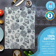 Load image into Gallery viewer, SHELLS AND CORAL TEA TOWEL | 100% COTTON TEA TOWEL | Kitchen hand towel | Nautical gift | Beach themed gift | Perfect gift for beach lovers | 70 cm x 50 cm