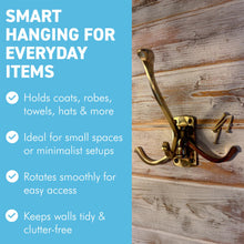 Load image into Gallery viewer, Polished Brass 𝟯-𝗣𝗥𝗢𝗡𝗚 𝗦𝗪𝗜𝗩𝗘𝗟 𝗖𝗢𝗔𝗧 𝗛𝗢𝗢𝗞, Folding Wall Mount Hanger with Screws Included