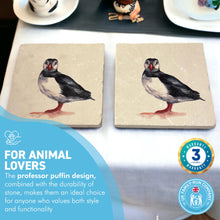 Load image into Gallery viewer, 2 x PROFESSOR PUFFIN STONE COASTERS | Stone Coasters | Animal novelty gift | Coaster for glass, mugs and cups| Square coaster for drinks | Puffin gift | Meg Hawkins art | 10cm x 10cm