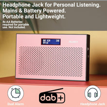 Load image into Gallery viewer, DAB, DAB+ Digital and FM radio | Battery and Mains Powered Portable Radio with 15 Hours Playback and LED Display | Majority Histon 2 Compact DAB Radio | Radio with Dual Alarm and 20 Preset | Rose