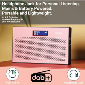 DAB, DAB+ Digital and FM radio | Battery and Mains Powered Portable Radio with 15 Hours Playback and LED Display | Majority Histon 2 Compact DAB Radio | Radio with Dual Alarm and 20 Preset | Rose