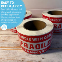 Load image into Gallery viewer, Three Rolls Premium Fragile Warning Stickers – Self-Adhesive “Fragile Handle with Care” Shipping Labels, 1000 Stickers per Roll, Bright Red & White, Waterproof & Tear-Resistant, for Boxes, Parcels & Packages