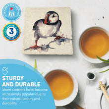 Load image into Gallery viewer, CURIOUS PUFFIN STONE COASTER | Stone Coasters | Animal novelty gift | Coaster for glass, mugs and cups| Square coaster for drinks | Puffin gift | Meg Hawkins art | 10cm x 10cm