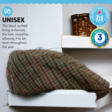 Load image into Gallery viewer, Unisex 60cm L/XL TWEED Flat Cap |Mixed Wool Polyester Green Tweed Country Cap | Tweed Hat | Peaked Cap | Black Quilted Lining