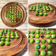 Load image into Gallery viewer, 22cm Diameter wooden SOLITAIRE BOARD GAME with GREEN LEPRECHAUN GLASS MARBLES | classic wooden solitaire game | strategy board game | family board game | games for one | board games