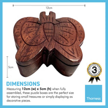 Load image into Gallery viewer, 4-piece Butterfly Wooden Puzzle Box | Wooden Butterfly Puzzle Box | Handmade wooden puzzle box | Handmade Wooden trinket secrets Box | Sustainable Shesham wooden hand carved box | 12cm (w) x 5cm (h)