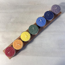 Load image into Gallery viewer, Chakra tea light candles set of 7 | each a different colour and with a different fragrance to represent 7 chakras | 100% pure natural Palm Wax and contain 3% pure essential oils
