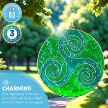 Load image into Gallery viewer, GREEN TRISKELION SUNCATCHER | Light Catcher | Garden Round Hanging Ornament Suncatcher | Feng Shui | Triskelion Motif | Suncatchers | Light Catchers