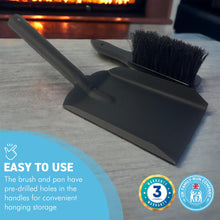 Load image into Gallery viewer, FIRESIDE BRUSH and  ASH SHOVEL set | Tidy clean log burner stove | Powder coated black finish | Hearth Iron Fireside Tidy Set | Ash Pan and brush set | Durable Steel set with Fireplace Dustpan and Brush | Coal Shovel