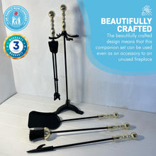 Load image into Gallery viewer, Large brass handled metal 5-piece fireside companion set | Fire companion sets | includes stand, brush, tongs, poker, and shovel | 61cm high | Wood burner set | Fireside tools accessories