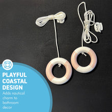 Load image into Gallery viewer, Set of 2 Nautical Wooden Cord Pulls with pink and white lifebuoy, Coastal Decor