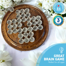 Load image into Gallery viewer, 30cm Diameter WOODEN SOLITAIRE BOARD GAME with 30mm FROSTED GLOBE GLASS MARBLES | classic wooden solitaire game | strategy board game | family board game | games for one | board games