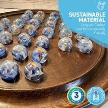 Load image into Gallery viewer, 30cm Diameter WOODEN SOLITAIRE BOARD GAME with VAPOUR GLASS MARBLES | classic wooden solitaire game | strategy board game | family board game | games for one | board games