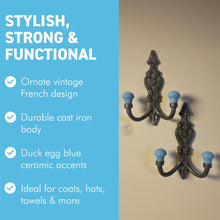 Load image into Gallery viewer, Set of 2 𝗙𝗥𝗘𝗡𝗖𝗛 𝗦𝗧𝗬𝗟𝗘 𝗖𝗔𝗦𝗧 𝗜𝗥𝗢𝗡 𝗗𝗢𝗨𝗕𝗟𝗘 𝗛𝗢𝗢𝗞𝗦 – Duck Egg Blue Ceramic Tops, Wall Coat Hooks for Hallway, Cloakroom, Bedroom