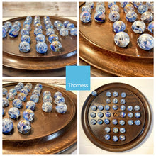 Load image into Gallery viewer, 30cm Diameter WOODEN SOLITAIRE BOARD GAME with VAPOUR GLASS MARBLES | classic wooden solitaire game | strategy board game | family board game | games for one | board games