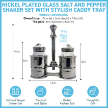 Load image into Gallery viewer, Salt & Pepper Shaker Set, Nickel Plated Glass Pots in a stylish caddy