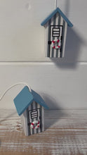 Load and play video in Gallery viewer, 2 x Light Blue and white beach hut light pulls | Nautical Theme Wooden Beach Hut Cord Pull Light Pulls