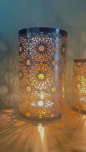 Load and play video in Gallery viewer, Set of 3 Moroccan-Style Round Tea Light Holders, Arabic Design, Black & Gold Metal Finish - Perfect for Home Decor