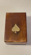Load and play video in Gallery viewer, Handcrafted brown wooden playing card box with brass Ace of Spades design
