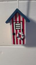 Load and play video in Gallery viewer, Red and white beach hut light pull | Nautical Theme Wooden Beach Hut Cord Pull Light Pulls