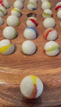 Load and play video in Gallery viewer, 22cm Diameter wooden SOLITAIRE BOARD GAME with OLD GLORY WHITE SWIRL GLASS MARBLES | classic wooden solitaire game | strategy board game | family board game | games for one | board games