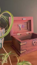Load and play video in Gallery viewer, Wooden lockable Trinket Box with brass inlay, decorative detailing, and key for secure storage
