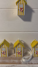 Load and play video in Gallery viewer, Set of 4 Yellow beach hut light pulls | Nautical Theme Wooden Beach Hut Cord Pull Light Pulls