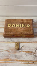 Load and play video in Gallery viewer, Handcrafted Wooden Domino Set with Brass Inlay, 28 Classic Tiles, 15cm x 10cm, Includes Wooden Storage Box  Elegant Table Game