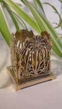 Load and play video in Gallery viewer, Elegant Art Nouveau Sunflower Pen Holder – Polished Brass Desk Organizer, Tidy Rack for Workspace Decor