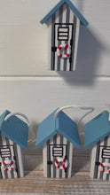 Load and play video in Gallery viewer, 4 x Light Blue and white beach hut light pulls | Nautical Theme Wooden Beach Hut Cord Pull Light Pulls