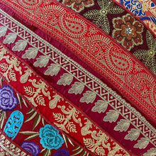 Load image into Gallery viewer, Classic Brocade, Diagonal Patchwork, Embroidered, Indian Footstool - Red