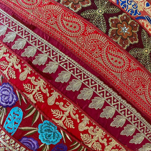 Classic Brocade, Diagonal Patchwork, Embroidered, Indian Footstool - Red