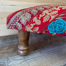 Load image into Gallery viewer, Classic Brocade, Diagonal Patchwork, Embroidered, Indian Footstool - Red
