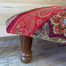Load image into Gallery viewer, Classic Brocade, Diagonal Patchwork, Embroidered, Indian Footstool - Red