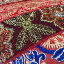Load image into Gallery viewer, Classic Brocade, Diagonal Patchwork, Embroidered, Indian Footstool - Red