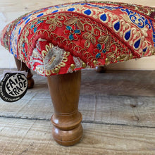 Load image into Gallery viewer, Classic Brocade, Diagonal Patchwork, Embroidered, Indian Footstool - Red