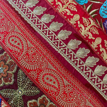 Load image into Gallery viewer, Classic Brocade, Diagonal Patchwork, Embroidered, Indian Footstool - Red