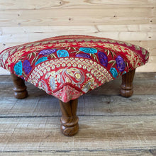 Load image into Gallery viewer, Classic Brocade, Diagonal Patchwork, Embroidered, Indian Footstool - Red
