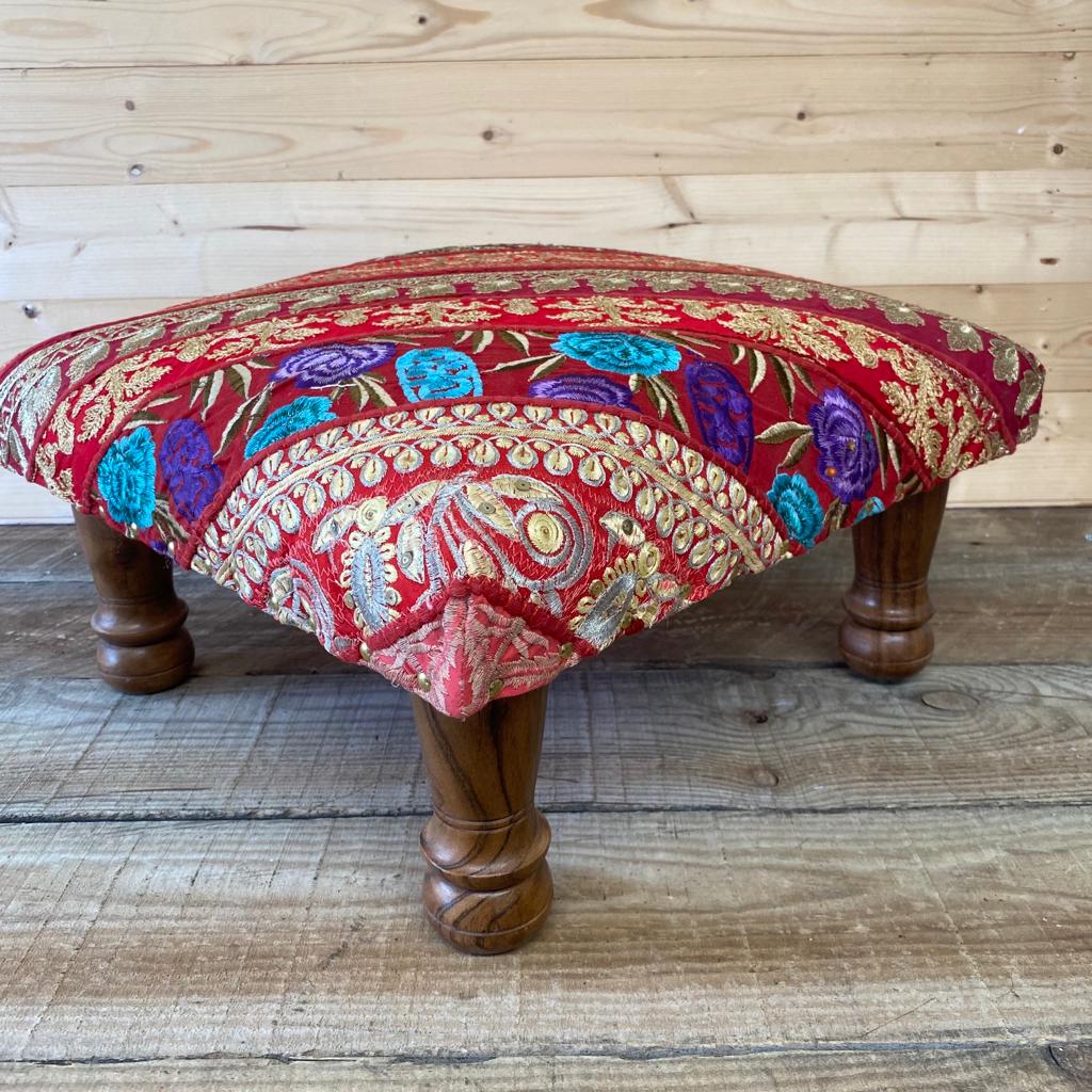 Classic Brocade, Diagonal Patchwork, Embroidered, Indian Footstool - Red