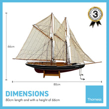 Load image into Gallery viewer, DETAILED WOODEN ASSEMBLED DISPLAY MODEL OF BLUENOSE CANADIAN FISHING RACING SCHOONER YACHT| Ready for display | adjustable rigging blocks sewn cotton sails | Length 80cm height 66cm