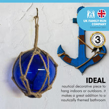 Load image into Gallery viewer, OCEAN BLUE GLASS FISHING FLOAT ORNAMENTAL SEA BUOY | hand blown | nautical seafaring fishing rustic décor | 10cm diameter | with rustic brown string netting and hanging loop | Japanese style glass fishing floats
