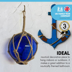 OCEAN BLUE GLASS FISHING FLOAT ORNAMENTAL SEA BUOY | hand blown | nautical seafaring fishing rustic décor | 10cm diameter | with rustic brown string netting and hanging loop | Japanese style glass fishing floats