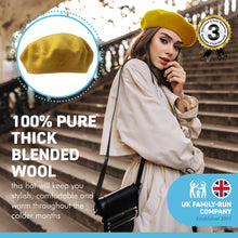 Load image into Gallery viewer, Womens French style Mustard Yellow Beret 100% pure blended wool | One size fits all classic solid colour