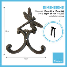 Load image into Gallery viewer, Cast Iron Dragonfly Double Robe Hook | Cloakroom Hook | Decorative Double Hook |Height 130mm x Width 100mm x Depth 30mm | Fixing Screws Supplied
