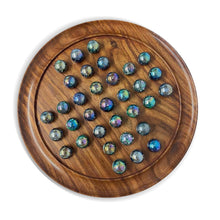 Load image into Gallery viewer, 30cm Diameter WOODEN SOLITAIRE BOARD GAME with JUNIPER SPECKLED BLUE GREEN GLASS MARBLES
