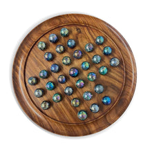 Load image into Gallery viewer, 30cm Diameter WOODEN SOLITAIRE BOARD GAME with JUPITER SPECKLED BLUE GREEN GLASS MARBLES