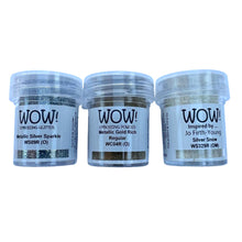 Load image into Gallery viewer, WOW! 3 piece Embossing Glitter Winter Collection| 3 x 15ml pots | Silver Sparkle Silver Snow and Metallic Gold Rich| Free your creativity and enhance your card making sparkle | High-quality and NON-TOXIC
