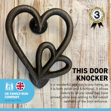 Load image into Gallery viewer, Cast Iron antique style Double Heart Door Knocker | The size of this door knocker is 15cm (L) x 14cm (W) | Fixing Screws Supplied