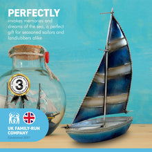 Load image into Gallery viewer, DECORATIVE MODEL METAL BERMUDA STYLE RIGGED ORNAMENTAL YACHT | Striped sails | 17cm (L) x 26cm (H) | Ready for display |Perfect for a nautical themed bathroom